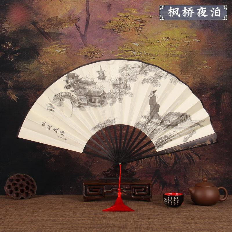 Retro style men's big folding fan with fan tassel Portable daily decorative hand fan Laser engraving fan bone Durable hand fan