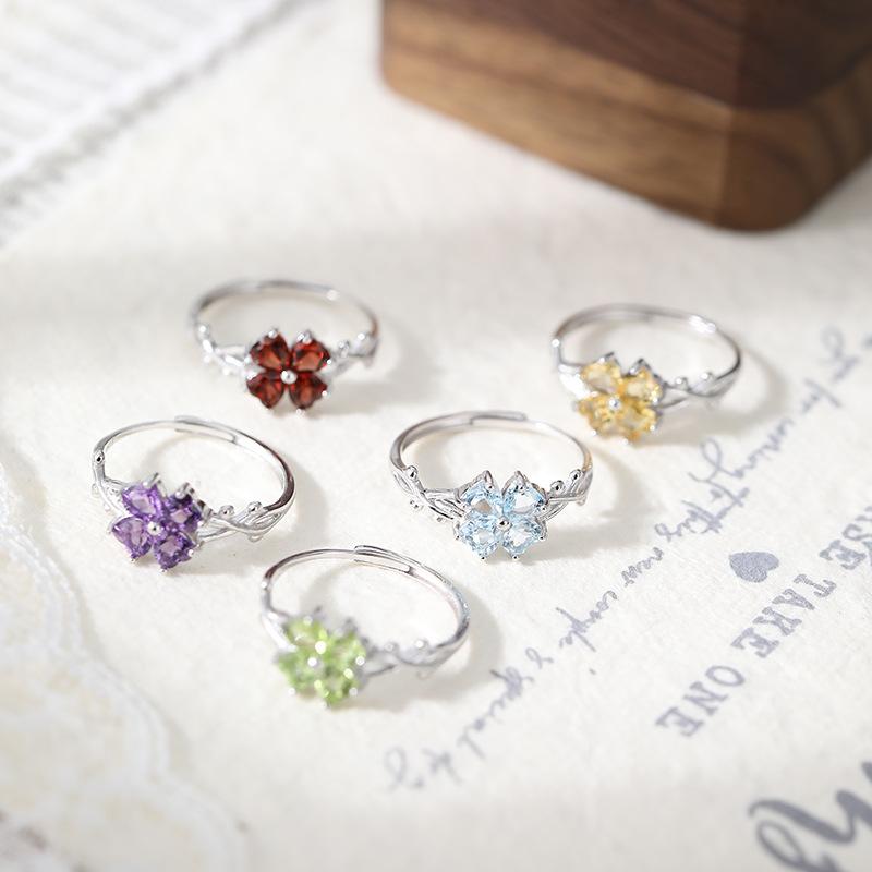 S925 Silver Ring Feminine Natural Topaz Crystal Stone Bramble Clover Adjustable Ring
