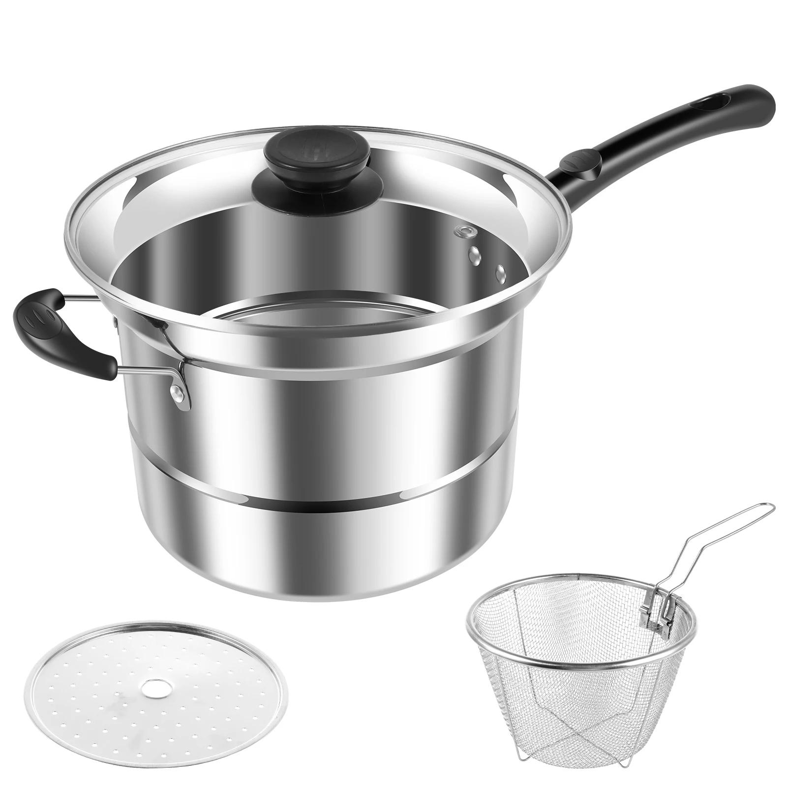 

Кастрюля-фритюрница из нержавеющей стали с прозрачной крышкой, многофункциональная пароварка с корзиной для фритюра, прочная кастрюля для пасты, кухонные инструменты серебряный