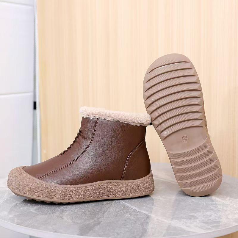 Women Winter New Real Leather Ankle Snow Boots Thick Sole Non Slip Waterproof Round Toe Flat Sole Zippers Elderly Cotton Shoes