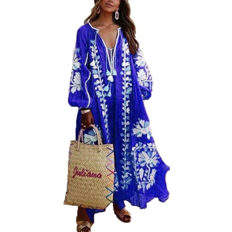 Long-Sleeve V-neck Print Loose Dress Long Sleeves V Neck Print Loose Long Dress