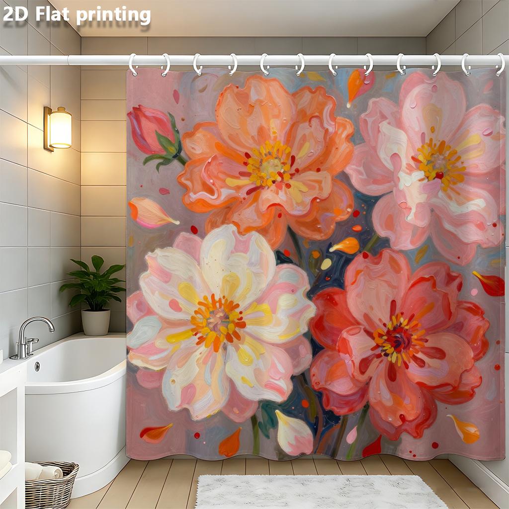 

Floral Painting Shower Curtain 1Pc Polyester 2D Flat Print 70.8X70.8 Soft Pink Orange Red Flowers Grommet Top W60H190(CM)-1 Pcs