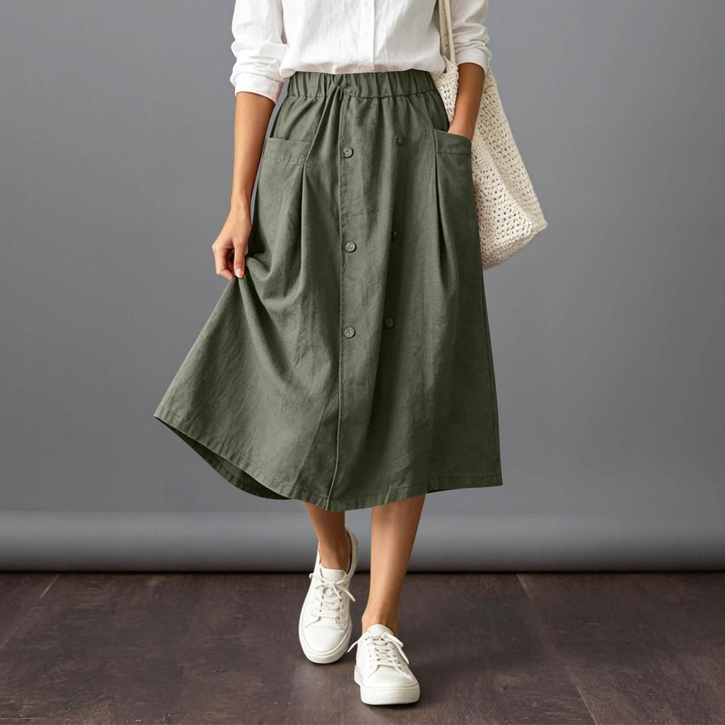 Women's Casual Vintage Loose Fit Midi Skirt with Pockets Elastic Waistband Button Front Design Comfortable Everyday Wear