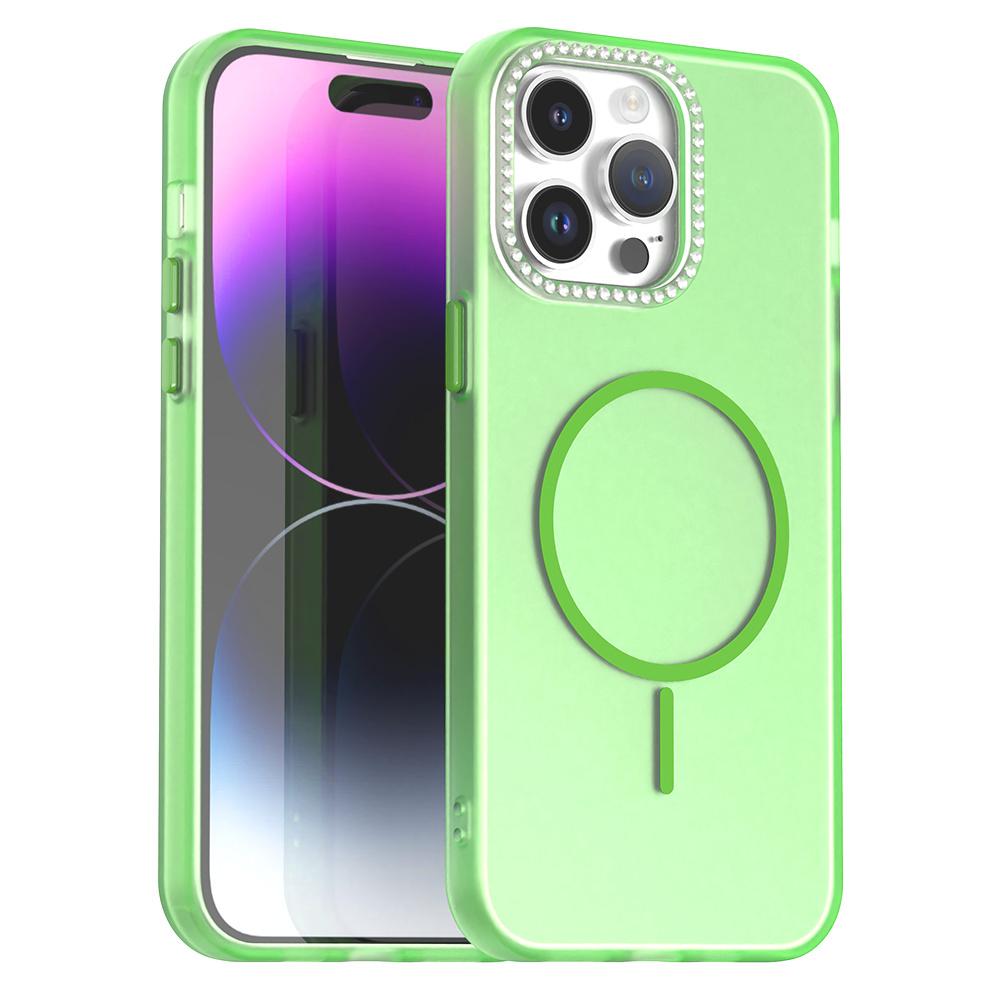 For iPhone 14 Pro Case Compatible with MagSafe TPU+PC+PET Phone Cover Rhinestone Decor Lens Frame