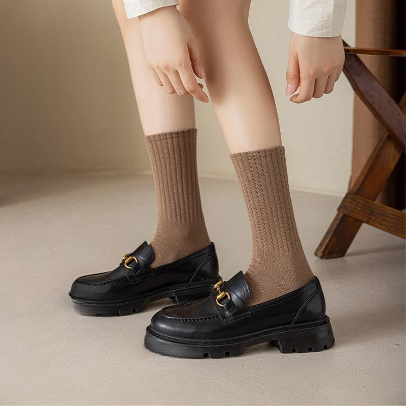 Chaussettes pour filles, Chaussettes montantes tendance à rayures verticales d'automne, Couleur unie polyvalente couleur café, Sport Étudiantes