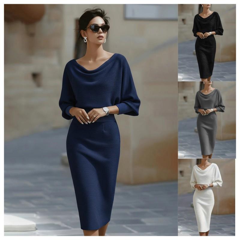 Elegant Wrap Waist Midi Dress Women Slim Fit Office Wear With Batwing Sleeves Color Block Detail
