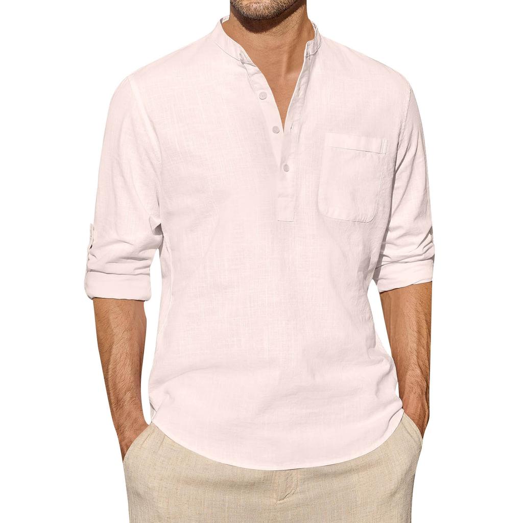 Designer Spring Summer Men's Casual Cotton Linen Solid Color Long Sleeve Shirts Loose Stand Collar Shirts