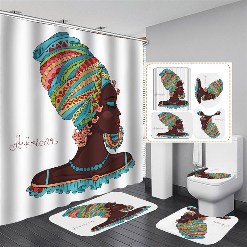 Afroamericano Afro Sexy Chica Negra Mujeres Arte Diseño Arte Graffiti Juego de Cortinas de Ducha para Baño Alfombrillas Alfombras Tapa de Inodoro Poliéster con Ganchos