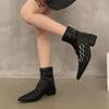 Fashion Rear Zip Block Heel Single Boots Women's Fashion Pointed Toe Metal Belt Buckle Anti-Slip Wear-Resistant Short Shoe