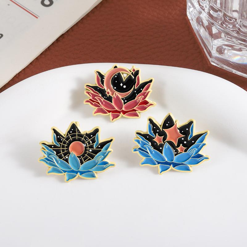 Night Sky Lotus Enamel Pins Custom Moon Stars Sun Brooches Lapel Badges Clothes Plant Jewelry Gift for Friends