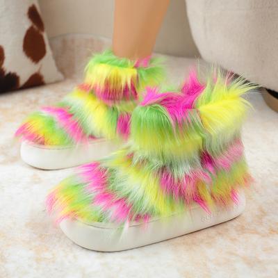Fashion New Winter Fashion Fluffy Fur Boots Women Contrast Color Plush Warm Snow Boots Woman Anti Slip Thick Sole Cotton Padded Shoes