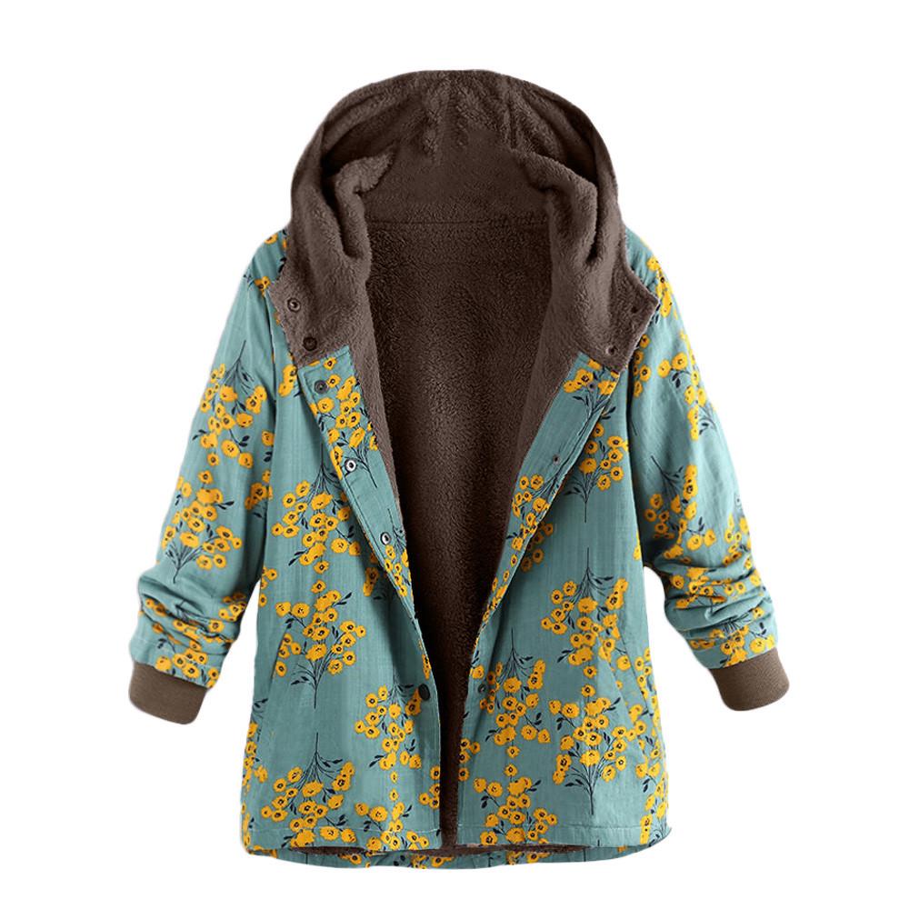 Kvinners vintervarme yttertøy med blomstertrykk Hettelommer Vintage oversize kåper