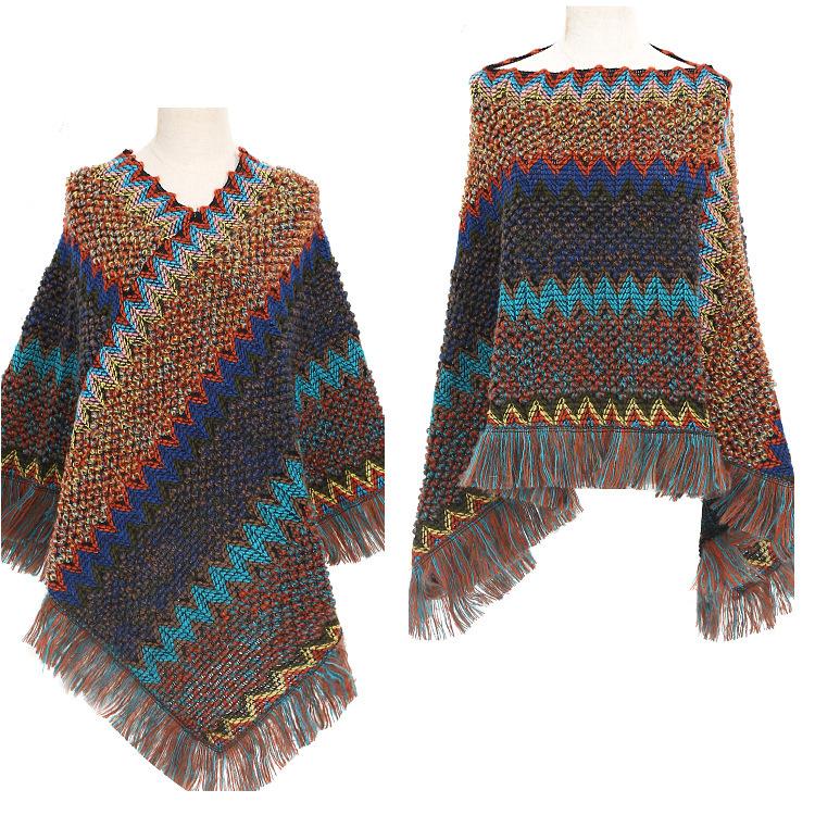 Women Boho Geometric Chevron Knit Poncho Cape, Ethnic Tassel Fringe Shawl Wrap, Loose Vintage Oversized Pullover Shoulder Cover