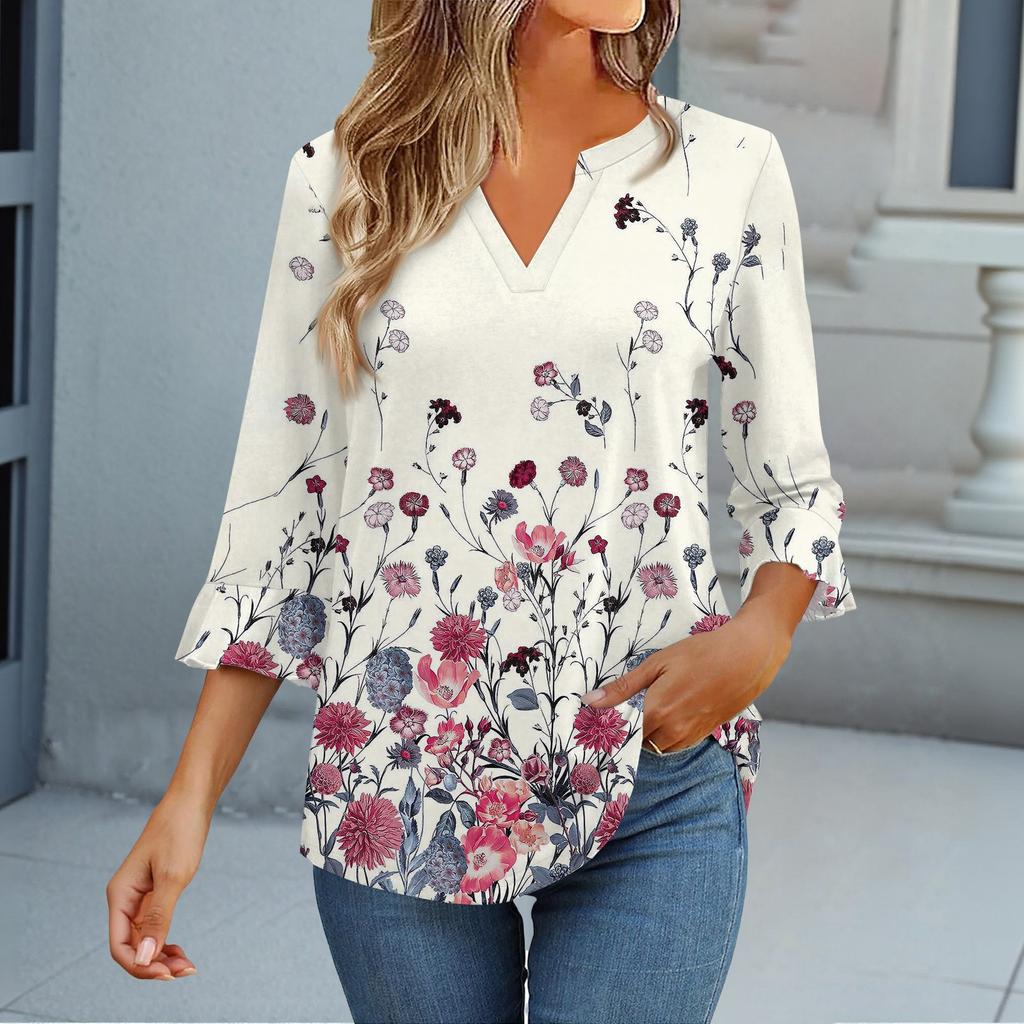 3/4-ermetopper for kvinner T-skjorte Casual Trompetermer Trykk Tunika V-hals Pullover Bluse