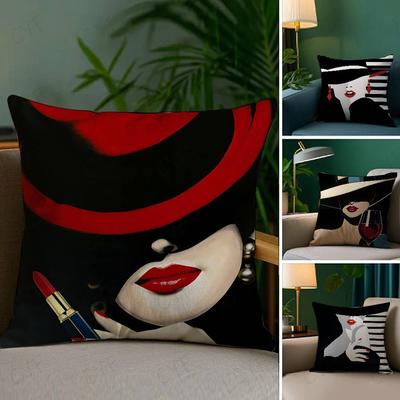 Vantage Anime Elegant Lady Pattern Pillow Case Anti-dustmite Pillowcase Invisible Zipper Silky Short Plush Sofa Cushion Cover