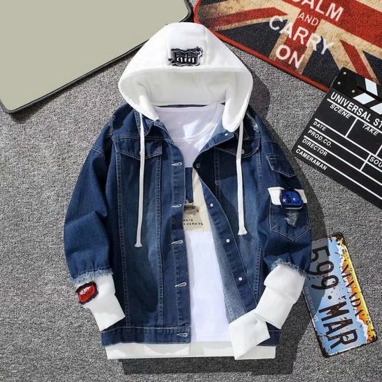 Jean Jacket Fake Two Piece Hooded Contrast Color Streetwear Spring Autumn Loose Single Breasted Outerwear Coat for Outdoor