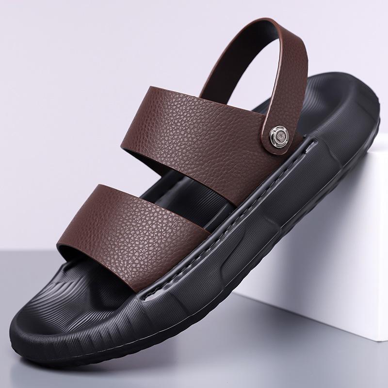 Fashion Solid Color Leather Sandals for Men 2025 Summer New Designer Outwear Casual Beach Shoes Male Dual-use Platform Slipper Shoe Man