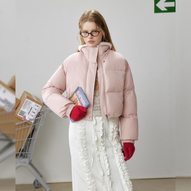 UNIFREE Women's Short Down Jacket with Lamb Wool Collar & Rhinestones