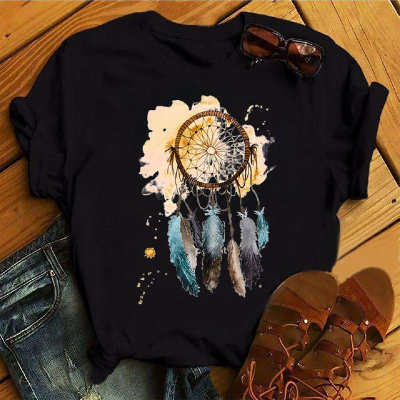 Tricou pentru femei Harajuku Topuri cu flori cu pene Imprimate Tricou negru pentru femei Tricou grafic drăguț pentru femei Tricou casual pentru femei