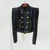 In Stock: Spring 2025 Celebrity Fashion Padded Shoulder Double-Breasted Short Motorcycle Leather Jacket