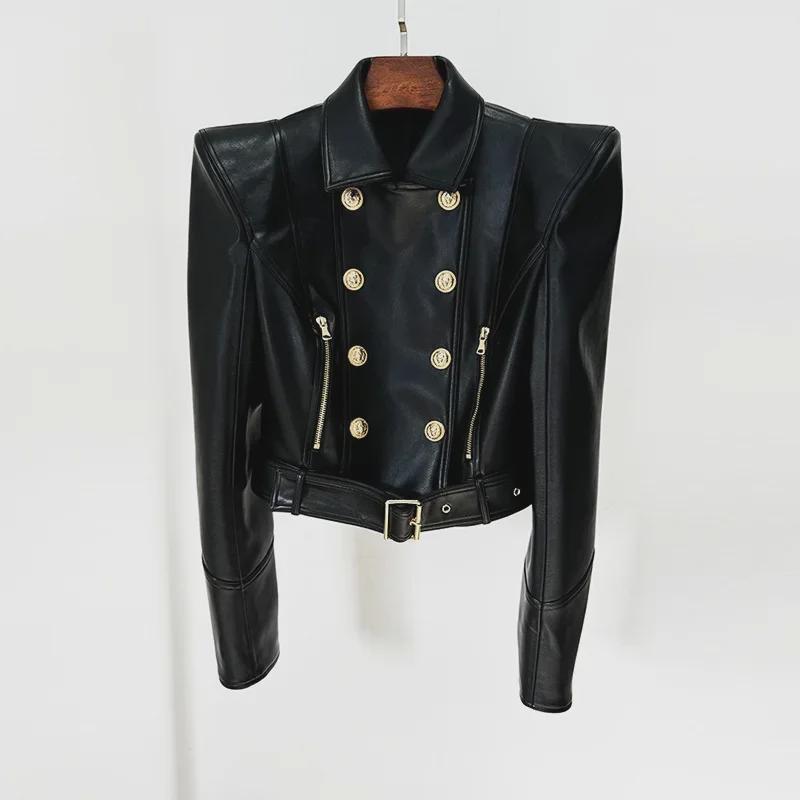 In Stock: Spring 2025 Celebrity Fashion Padded Shoulder Double-Breasted Short Motorcycle Leather Jacket