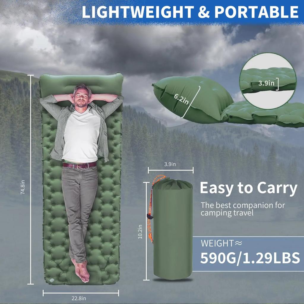 Ultra-Light Inflatable Camping Sleeping Pad with its Built-in Foot Pump and Pillow - Hiking pad, Backpacking Pad