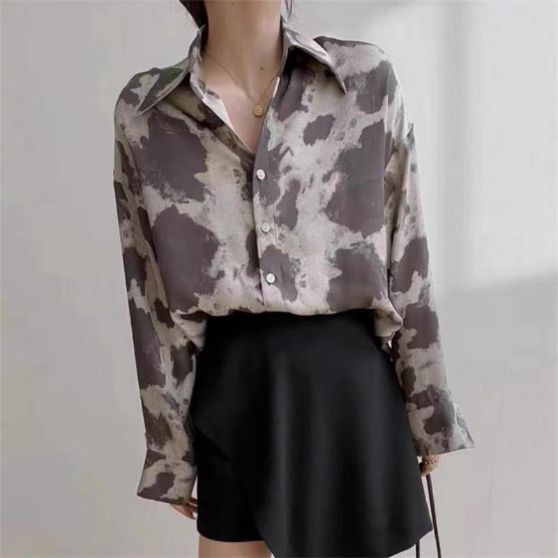 Potisk krávy Košile s knoflíky Ženy Halenka s dlouhým rukávem Korejská móda Oblečení Šifon Streetwear Topy velké velikosti Jaro Novinka