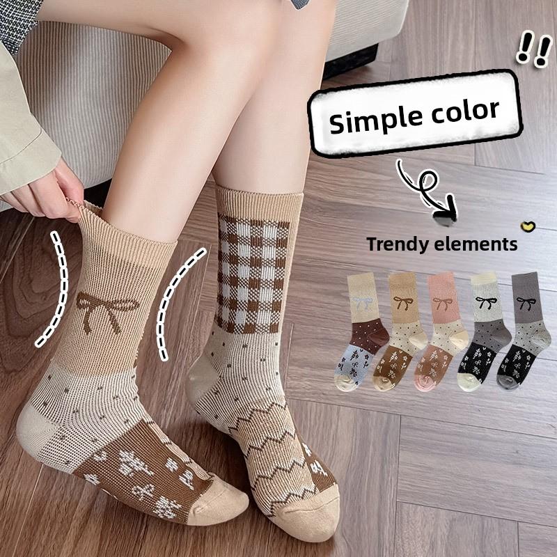 AB Side Bow Tie Socks, Women's Mid-calf Socks, Spring and Autumn Sweat-absorbing, Breathable, Odor-proof Boneless Socks, Long Calf Socks
