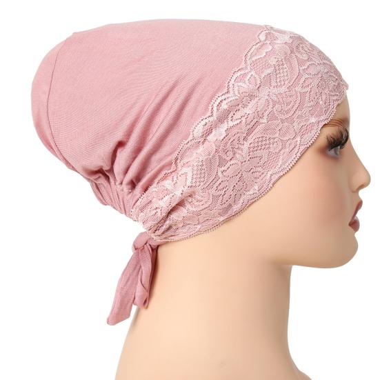 Lace Turban Cap for Women Stretchy Head Scarf Wrap Sleep Hat Elastic Chemo Cap Drawstring Slouchy Skull Cap for Autumn Winter Outdoor Activities