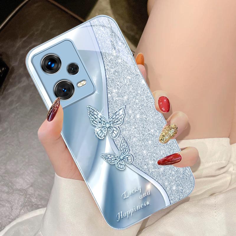 Golden Butterfly For Xiaomi 14 Ultra 13 Lite Redmi Note 13 11 Pro 12 Plus Poco X6 3 Pro F4 6 GT Tempered Glass Phone Case