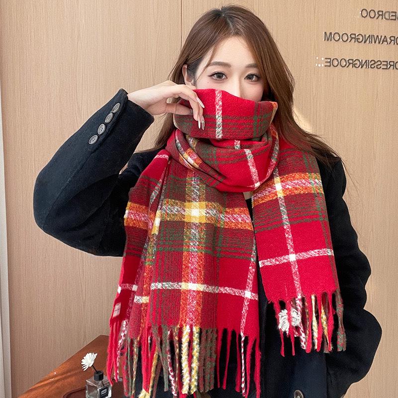 Premium Winter Korean Plaid Scarf: Warm, Thick, Red, Tassel Shawl for Women