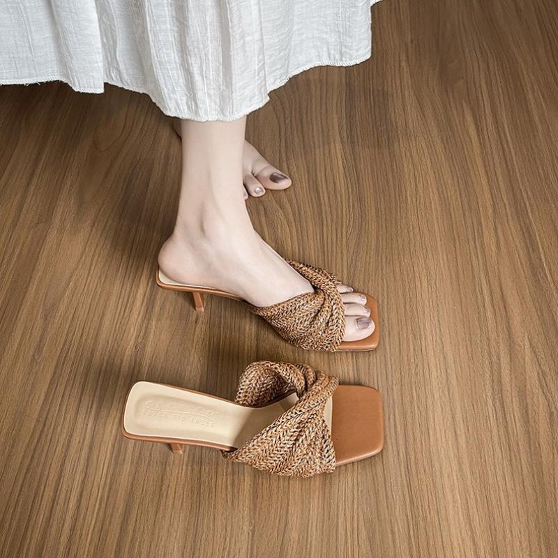 Fashion Elegant Square Toe Woven Cross Strap High Heel Slippers Women Summer Outdoor Sexy Open Toe Slim Heel Sandals