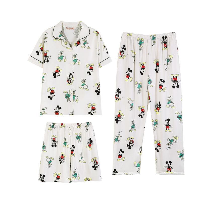 Internet Celebrity Cartoon Pajamas Women's Summer Short-sleeved Three-piece Loose Cardigan Women's Cute Loungewear Girl Suit