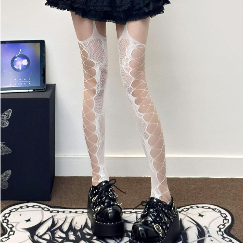 Women Aesthetic Sexy Side Crisscross Hollowed Out Thigh Stockings Tights Goth Rose Flower Patterned Suspender Pantyhose