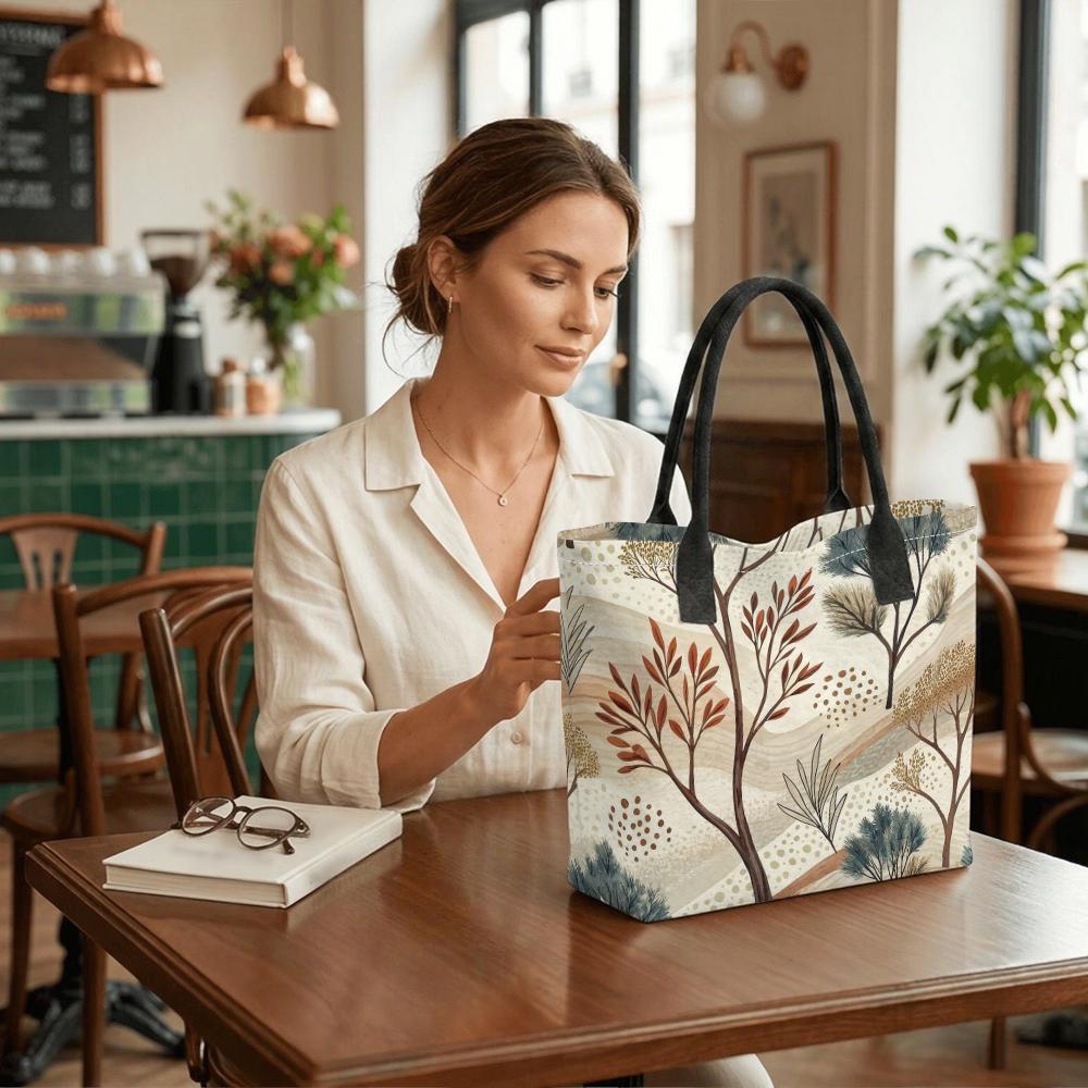 Boho Botanical Print Tote Bag Casual Large Capacity Shoulder Handbag for Daily Use