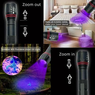Lampe Torche UV LED T6 395nm - Torche Ultraviolette Zoomable pour la Chasse aux Scorpions, la Détection Fluorescente et la Recherche de Taches d'Animaux (Lumière noire)