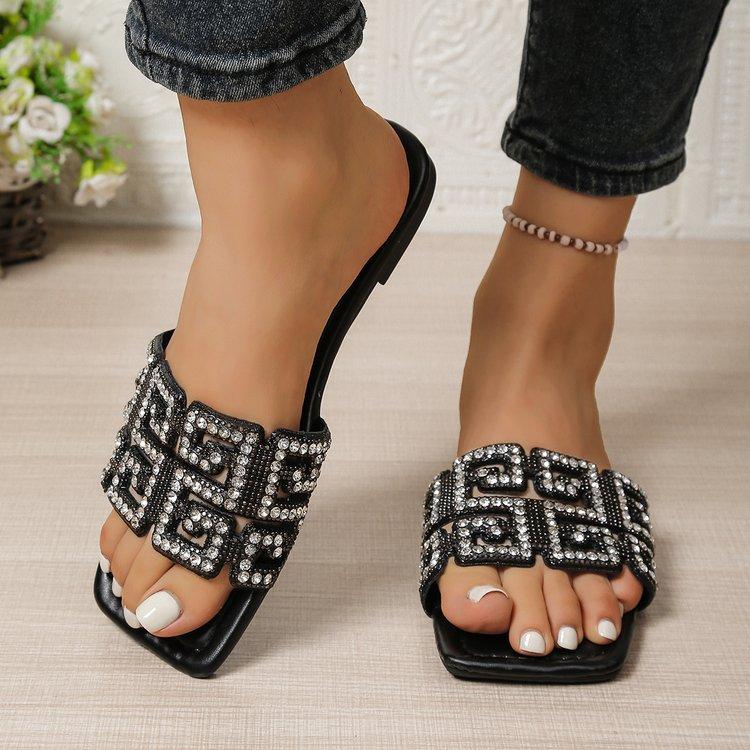 Europe, America 2025 Summer New Rhinestone Slippers Flat Slippers Women's Casual One-word Sandals Beach Shoes