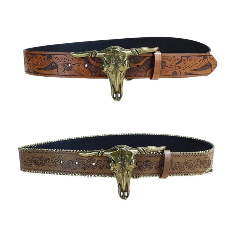 Western Engraved Leather Belt Adjustable Waistband Durable PU Material For Men Women Fashion Enthusiasts