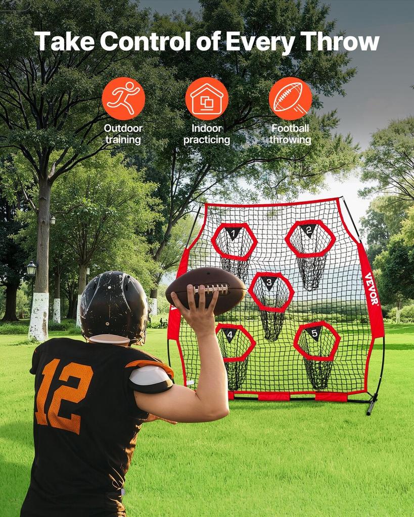 1828.8x1828.8mm Football Trainer Throwing Net, Training Throwing Target Practice Net with 5 Target Pockets, Knotless Net Includes Straps and Portable