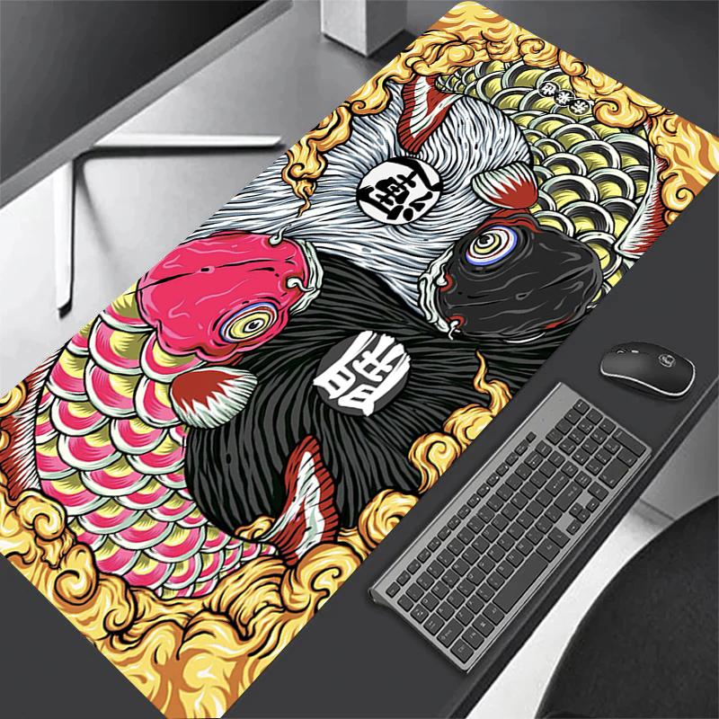 Japanese Desk Mat Black & White Mouse Pad Koi Fish Japan Art Seal Yin-yang Fish Large XXL Gaming Deskmat Rubber Mousepad 80x30