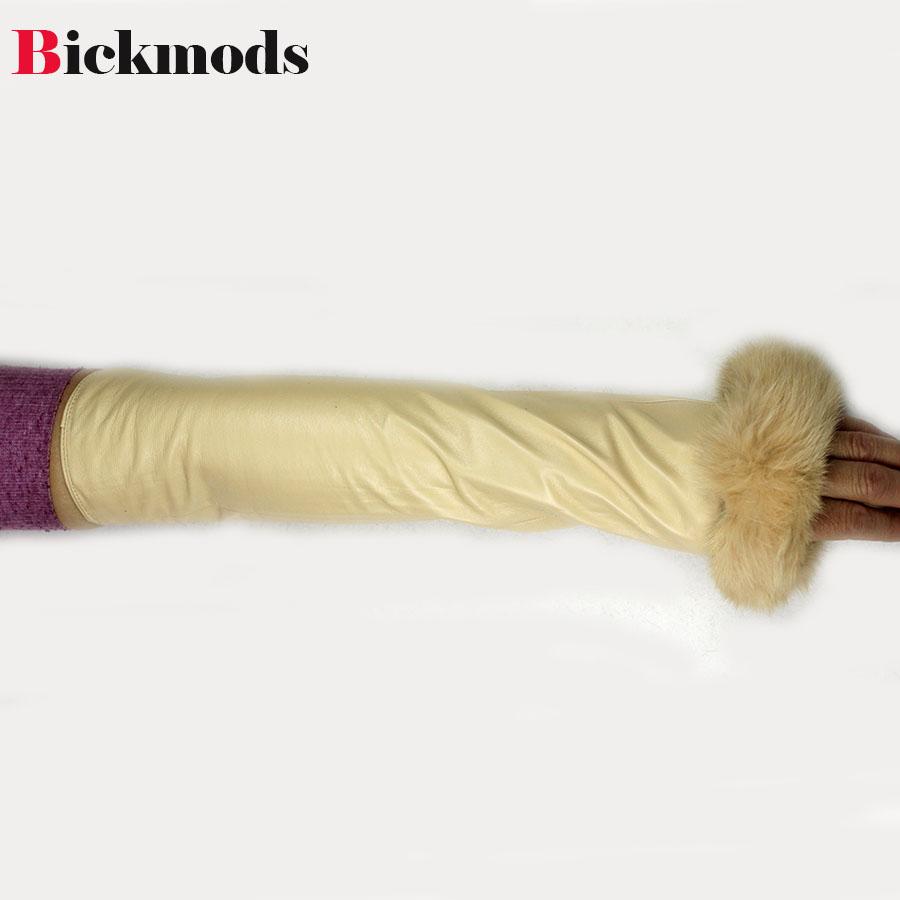 40CM Long Leather Sleeves Women's Rabbit Fur Cuffs Velvet Lining Warm and Fashionable Sheepskin Fingerless Gloves
