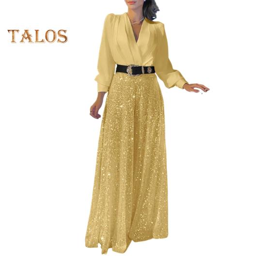 Women's Sequins Jumpsuits Long Sleeve V-Neck Shirt Sparkly Belted Wide Leg Romper Evening Party Overall Pants
