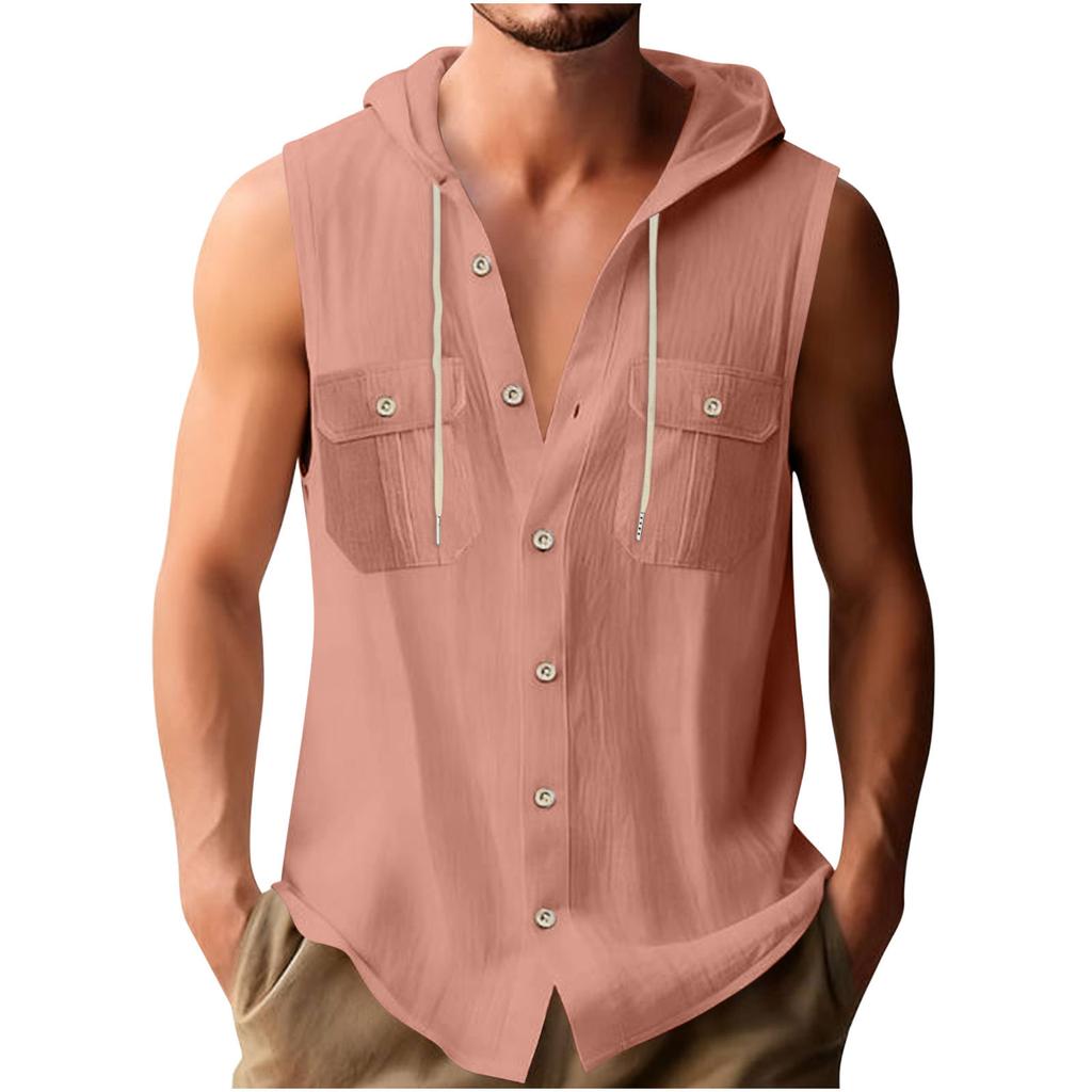 Men's Sports Casual Sleeveless Cotton Linen Hooded Loose Beach T-Shirt