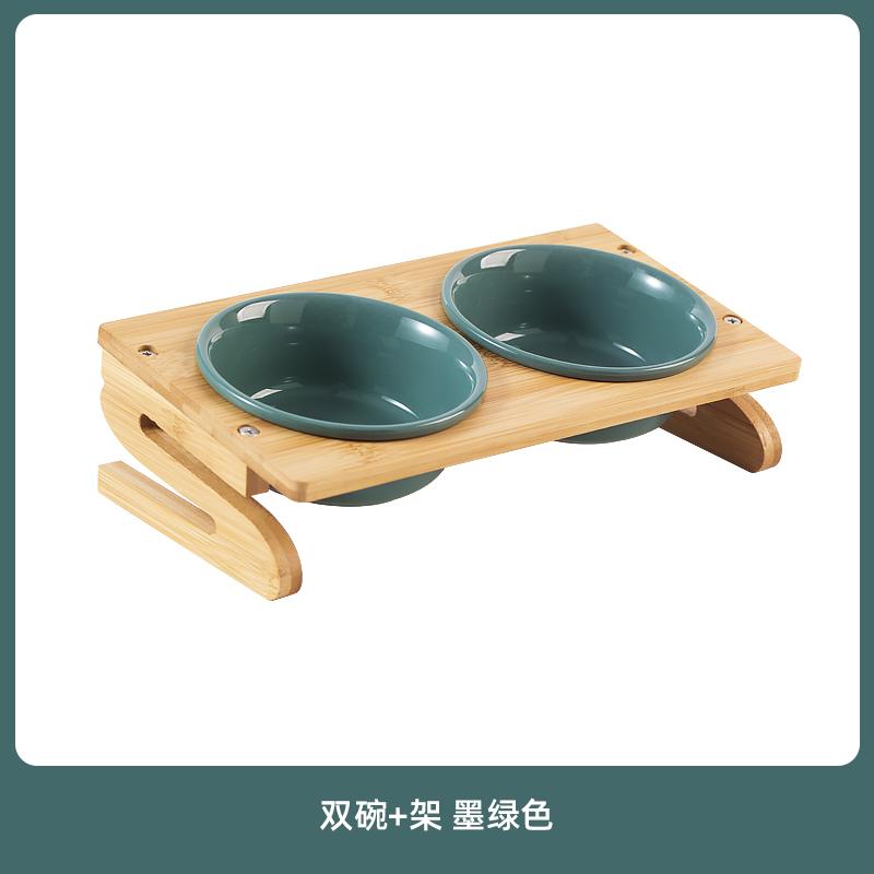 Tilted Ceramic Pet Bowl Bamboo Wood Stand Neck Protection Anti Spill Food Water Dish for Corgi Small Dogs Cats