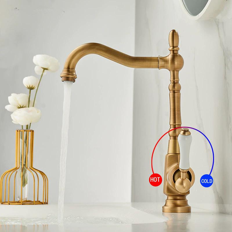 Antique Bathroom Faucet Brass Kitchen Faucet Chrome Basin Faucet Cold & Hot Water Mixer Sink Tap Deck Mounted Lavotory Tap