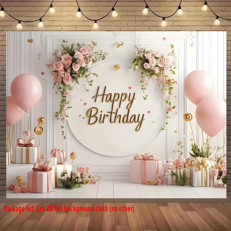 2D Pink Gold Themed Happy Birthday Backdrop Banner for Birthday Party Photography Decoration