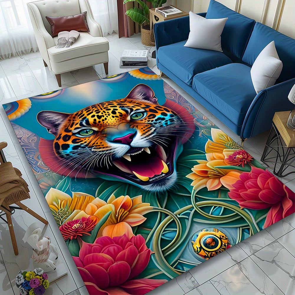 Vibrant Leopard Print Area Rug – Colorful Floral & Tiger Design, 800g/m² Crystal Velvet, Large Siz Perfect for Li