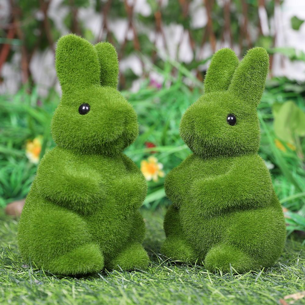 2Pcs Flocking Bunny Statue Flocked Animal Statue Decorative Fake Green Moss Rabbit Decoration Cute for Patio Garden Yard