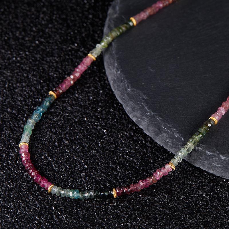 Natural Gemstone Tourmaline Bracelet Women's S925 Sterling Silver Handmade Beaded Clavicle Chain