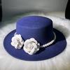French Retro Pearl Flower Wool Flat Top Top Top Hat Autumn and Winter Small Fragrant Wind Big Brim Street Shot British Woolen Hat